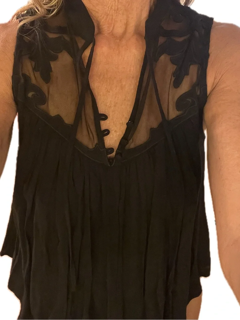 free people Sheer Appliqué Black Sleeveless Blouse Sz s